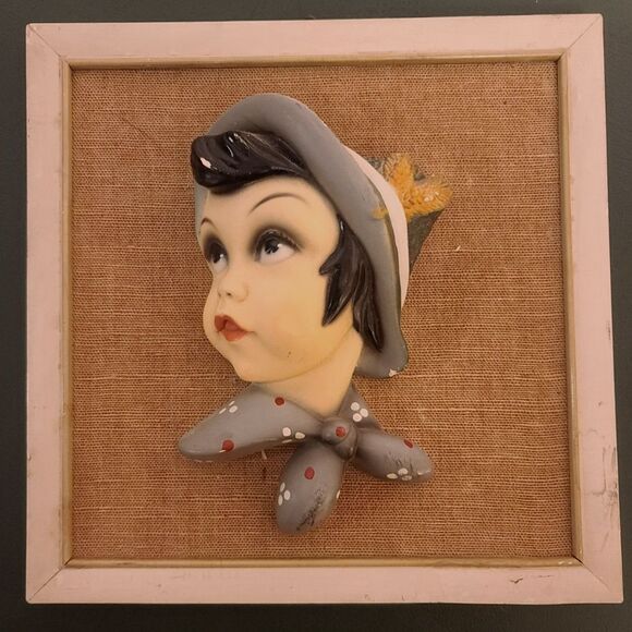 Vintage 1950's Sarem Chalkware 3D Art Framed Girl Made in Italy Rare #250 - Picture 2 of 5